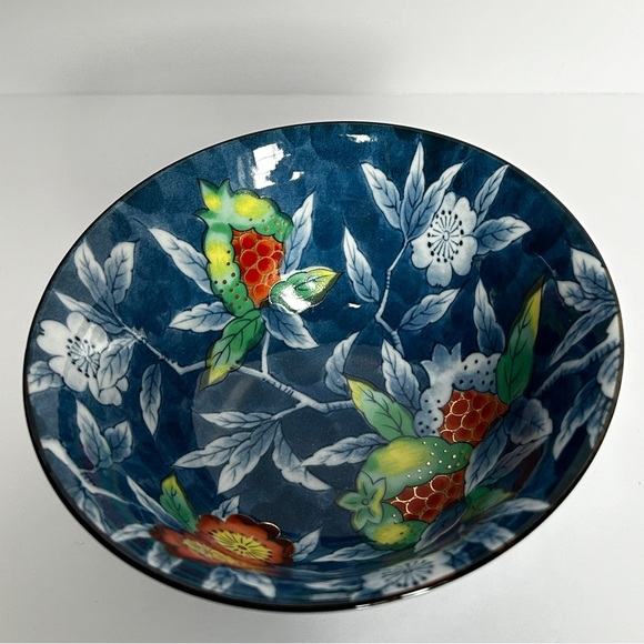 Blue Porcelain Rice Bowl with Red Strawberry and Floral Pattern Japanese - Picture 3 of 10